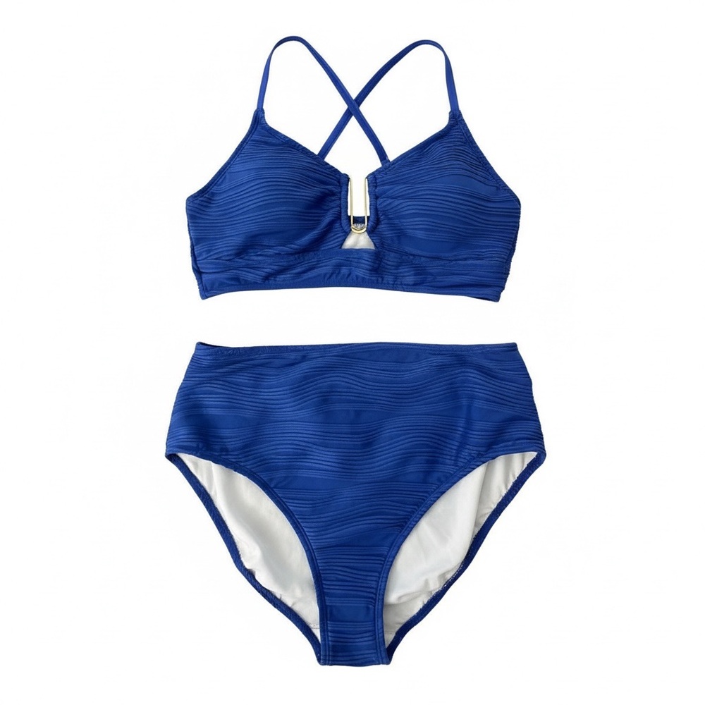 Women's High Waist Bikini Set Twist Front Textured Swimsuit Size Large PTP 16.5”